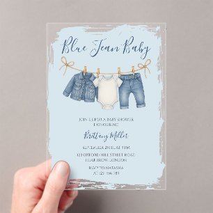 Blaue Jeans-Baby-Baby- Shower-Outfit  Acryleinladungen