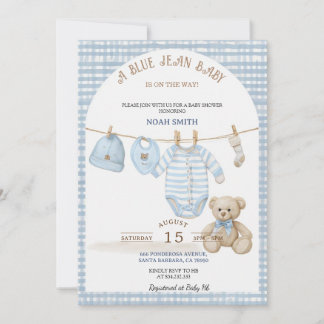 Blaue Jeans-Baby-Einladung | Blaues Gingham Te Einladung