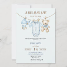 Blaue Jeans-Baby-Party-Einladung | Teddybär & Ba