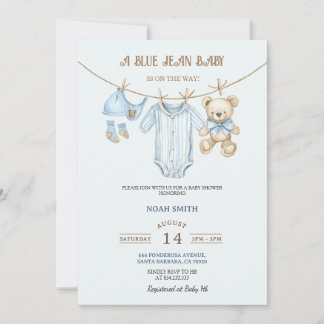 Blaue Jeans-Baby-Party-Einladung | Teddybär & Ba Einladung