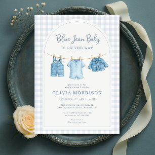 Blaue Jeans-Baby-Wäscheleine Gingham-Baby-Party Einladung
