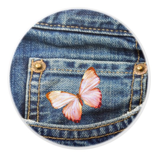 Blaue Jeans-Denim-Blick und hübscher Schmetterling Keramikknauf (Vorderseite)