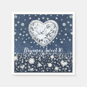 Blaue Jeans Denim & Diamanten Glitzer Diamant Herz Serviette