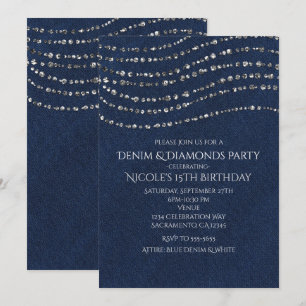 Blaue Jeans & Diamanten funkelnde Bling-Geburtstag Einladung
