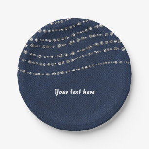 Blaue Jeans & Diamanten Glitzernde Bling-Geburtsta Pappteller