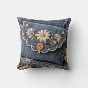 Blaue Jeans-Gänseblümchen-Stickerei Cottage Blumen Kissen