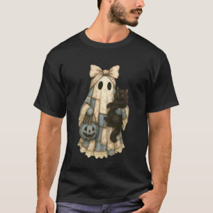 Blaue Jeans-Katze Schwarzer Geist Patchwork Hallow T-Shirt