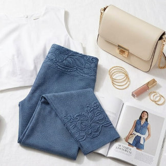 Blaue Jeans-Look Floral Border Capri Leggings