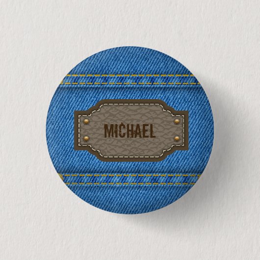 Blaue Jeans mit Ledernamensschild Button (Vorderseite)