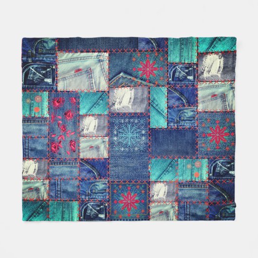 Blaue Jeans Patchwork mit Blumendetails Fleecedecke (Vorderseite (Horizontal))