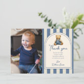 Blaue Jeans Teddybär Foto Geburtstag Dankeskarte (Stehend Vorderseite)