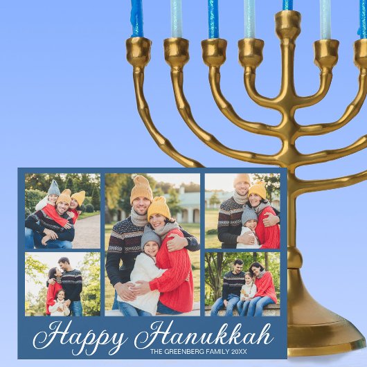 Blaue jüdische Familienfoto-Collage Frohes Chanukk Feiertagskarte