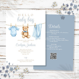 Blaue Jungen-Kleidungslinie Baby Shower Alles in E Einladung