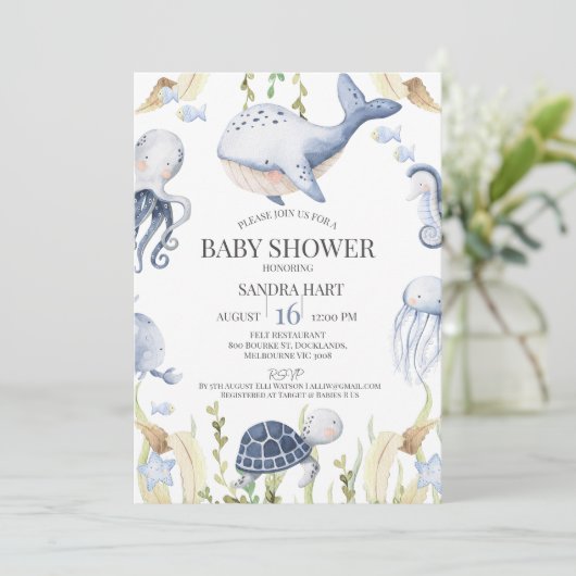 Blaue Jungen unter dem Meer Kreaturen Jungs Babydu Einladung (Stehend Vorderseite)