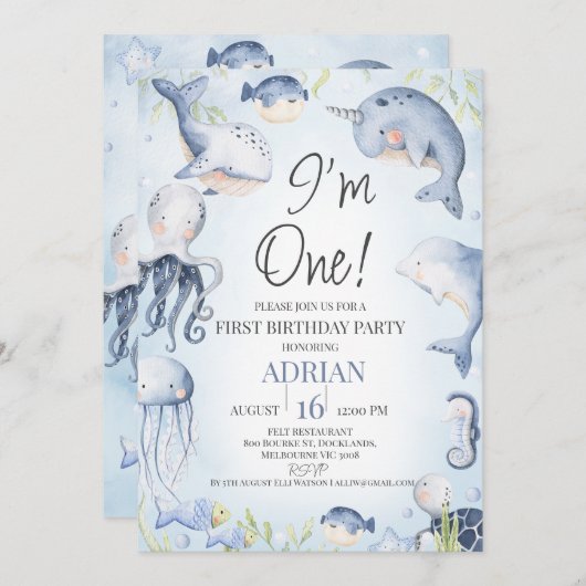 Blaue Jungen unter den Meereslebewesen 1. Geburtst Einladung (Vorne/Hinten)