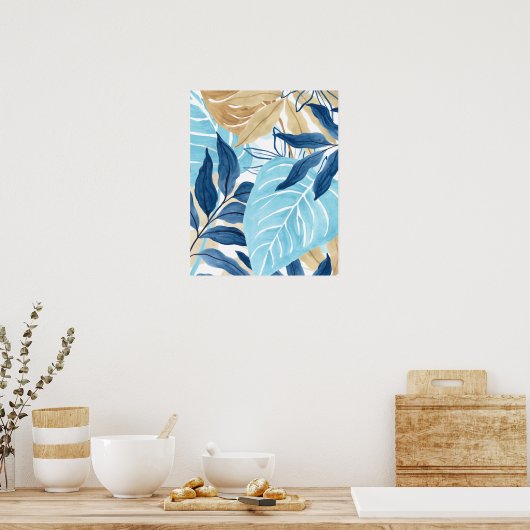 Blaue Jungle-Blätter Poster (Küche)