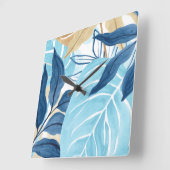 Blaue Jungle-Blätter Quadratische Wanduhr (Winkel)