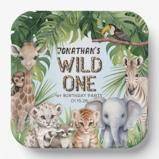 Blaue Jungle Tiere Wild One Safari Thema Pappteller (Vorderseite)