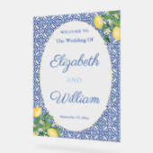 Blaue Kacheln Hochzeitsempfang Zeichen 3 Acrylschild (Winkel)