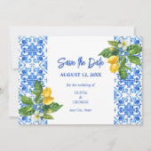 Blaue Kacheln und Zitronen Save the Date (Vorderseite)