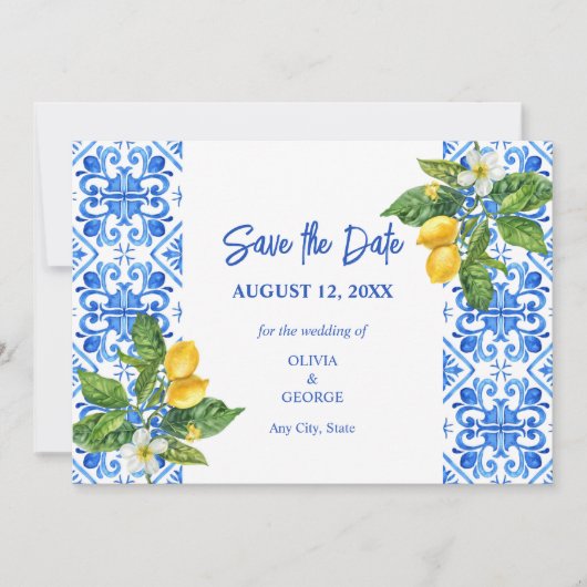 Blaue Kacheln und Zitronen Save the Date (Vorderseite)