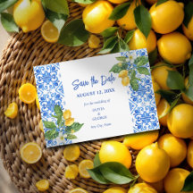 Blaue Kacheln und Zitronen Save the Date