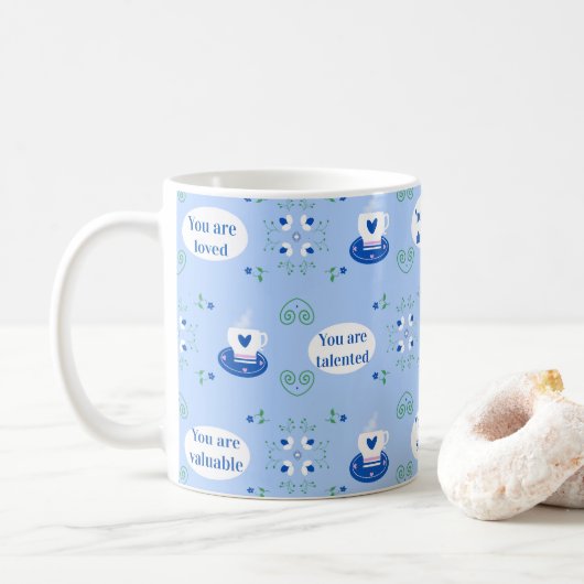 Blaue Kaffeetasse mit affirmativem Thema Tasse (Mit Donut)