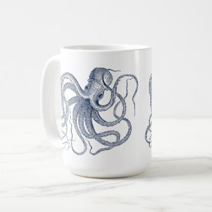 Blaue Kaffeetasse mit nautischer Oktopus-Illustrat