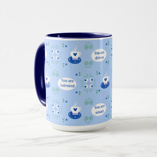 Blaue Kaffeetassen-Affirmationen-Tasse Tasse (Vorderseite Links)