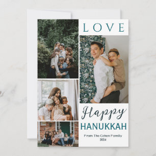 Blaue Kalligrafie Happiest Chanukka Familie 4 Foto Feiertagskarte