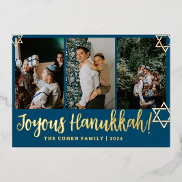 Blaue Kalligraphie Gerne Hanukkah Familie 4 Foto Folien Feiertagskarte