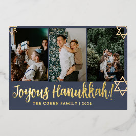 Blaue Kalligraphie Gerne Hanukkah Familie 4 Foto Folien Feiertagskarte