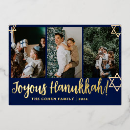 Blaue Kalligraphie Gerne Hanukkah Familie 4 Foto Folien Feiertagskarte