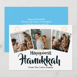 Blaue Kalligraphie Happiest Hanukkah Familie 3 Fot Feiertagskarte