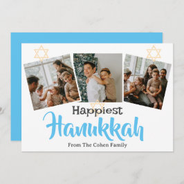 Blaue Kalligraphie Happiest Hanukkah Familie 3 Fot Feiertagskarte