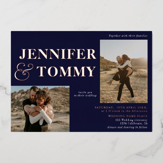 Blaue, kalte Namen Rose Gold 3 Fotos Hochzeit Folieneinladung (Vorderseite)