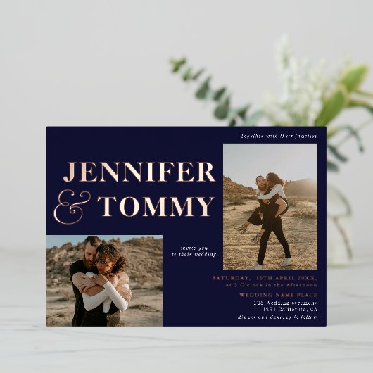 Blaue, kalte Namen Rose Gold 3 Fotos Hochzeit Folieneinladung (Stehend vorne)