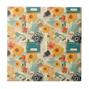 Blaue Kamera Goldene Sonnenblume Sommer Collage Fliese