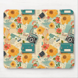 Blaue Kamera Goldene Sonnenblume Sommer Collage Mousepad