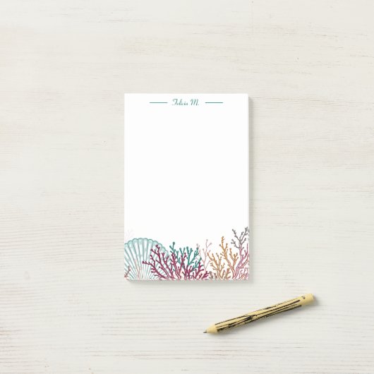 Blaue Kammmuschel und Koralle Post-it Klebezettel (Auf Schreibtisch)