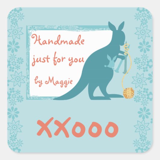 Blaue Känguru Stricknadeln Galle aus Garn Quadratischer Aufkleber (Vorderseite)