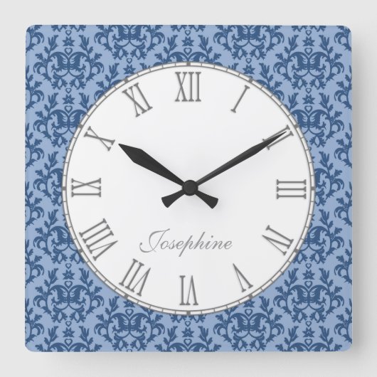 Blaue Kängurutatzen-Damastnamen-Wanduhr Quadratische Wanduhr (Vorderseite)