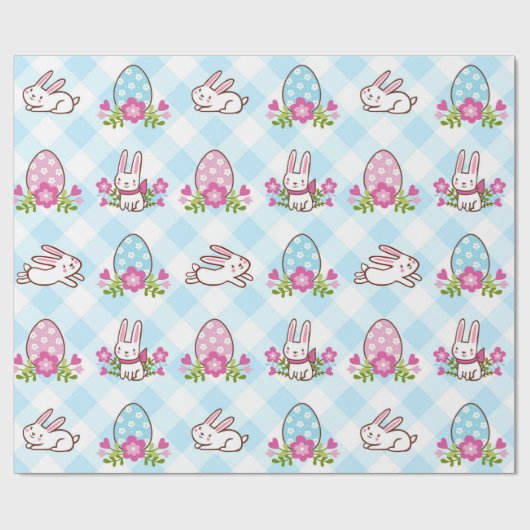Blaue Karierte Bunnies und Eier Geschenkpapier (Flach)
