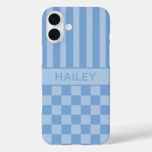 Blaue Karierte Gestreifte Personalisierte iPhone 16 Plus Hülle