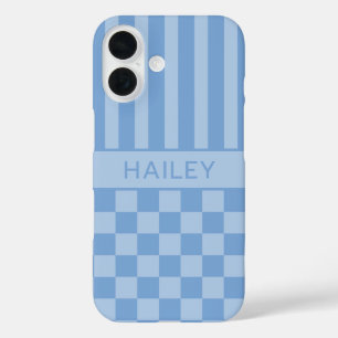 Blaue karierte gestreifte Personalisierung iPhone 16 Hülle