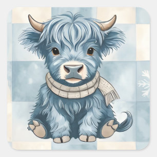 Blaue karierte Highland-Kuh süß Quadratischer Aufkleber