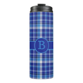 Blaue Karierte Monogramm-Thermaltumbler Thermosbecher