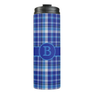 Blaue Karierte Monogramm-Thermaltumbler Thermosbecher