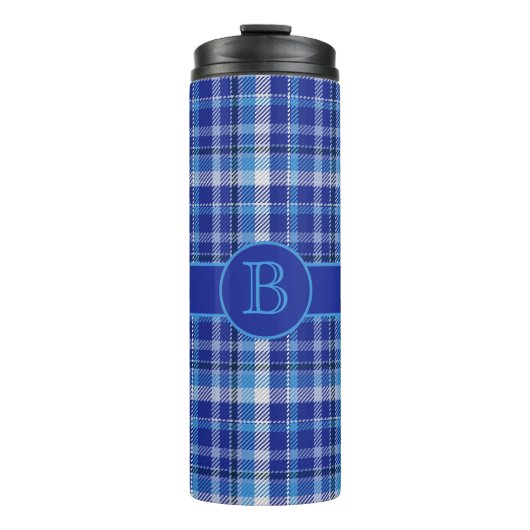 Blaue Karierte Monogramm-Thermaltumbler Thermosbecher (Vorderseite)