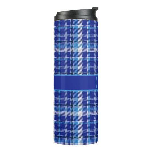 Blaue Karierte Monogramm-Thermaltumbler Thermosbecher (Nach links gedreht)